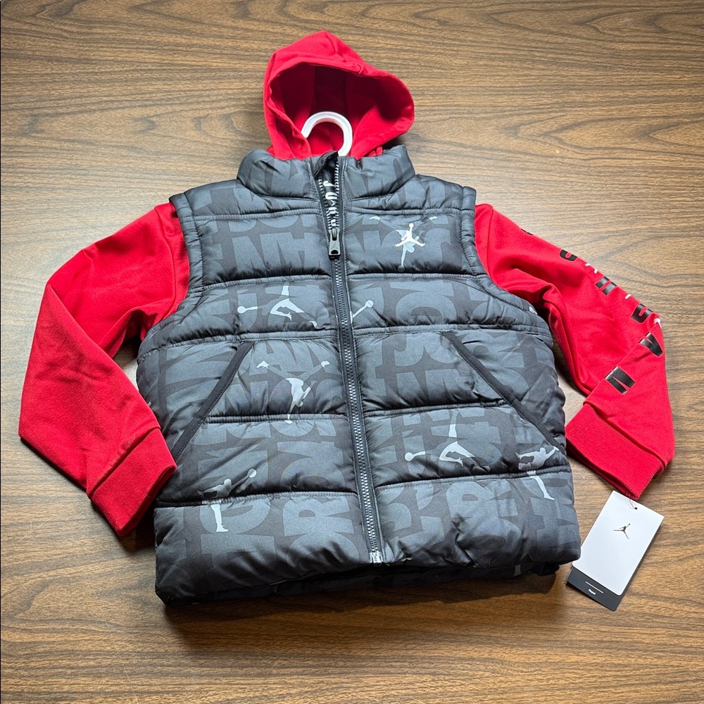 Jordan Air Red and Black Layered Look Hooded Vest, Boys 7